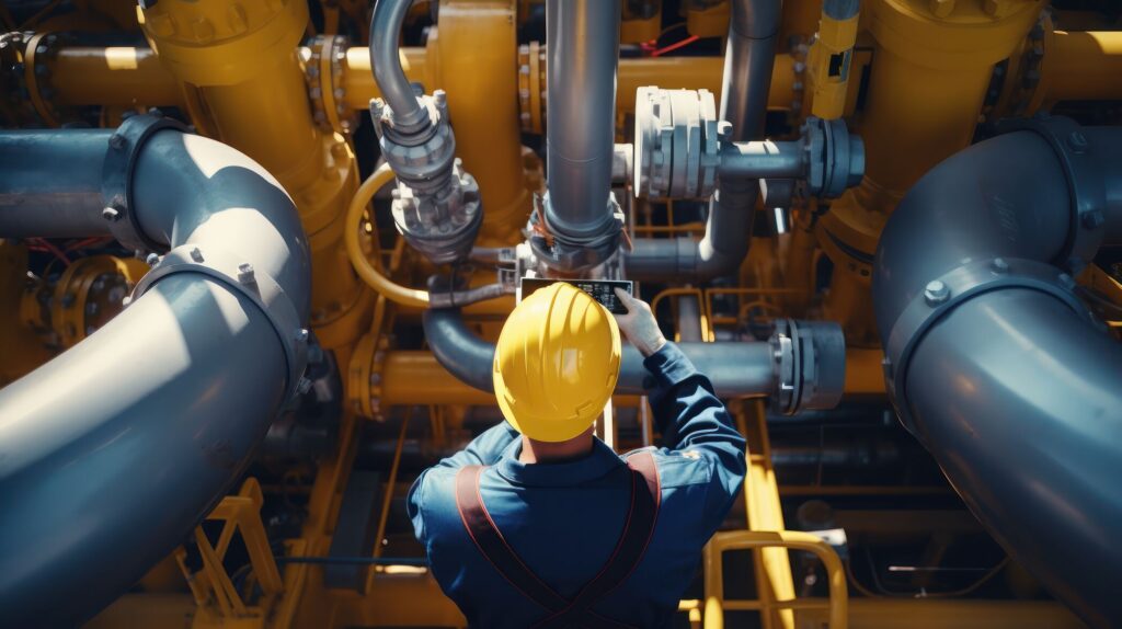Worker in blue coveralls and a yellow hard hat inspects a network of large blue pipes and valves with reality capture as a historical record